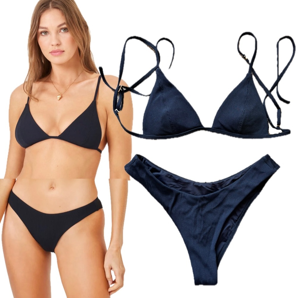 l*space Black Ribbed Triangle Bikini Set S